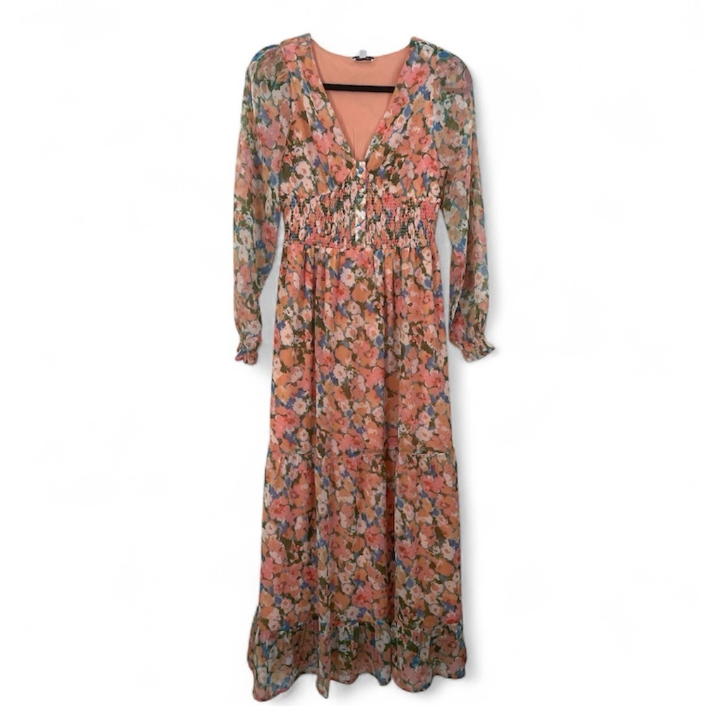 Patrons Of Peace Orange Floral Maxi Dress With Plunge Neckline & Smocking Size S